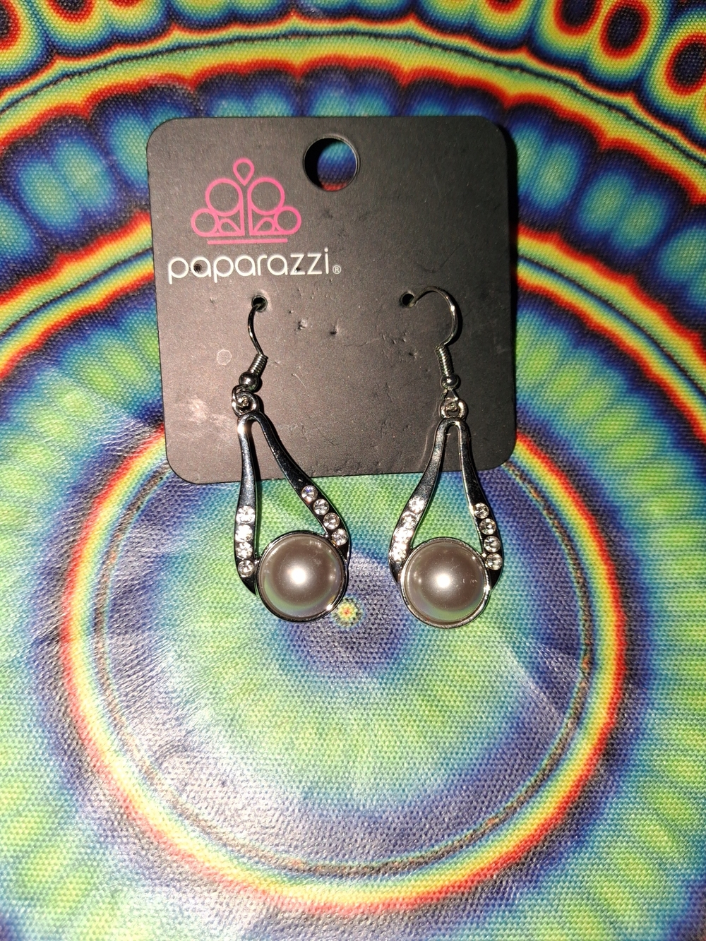 Paparazzi Silver Gray Pearl Teardrop Earrings with Rhinestones